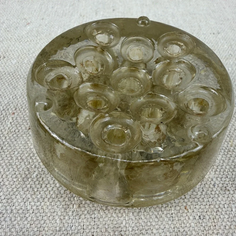 Vintage‎ Handmade Glass Flower Frog 11 Hole Round Floral Arranger Art Deco Style